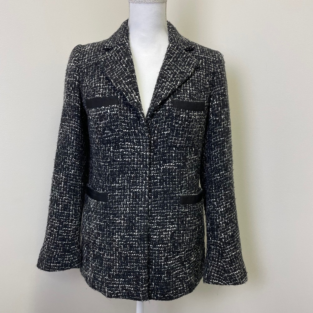 Sinequanone Tweed Blazer Jacket M Black White Bouclé Grosgrain Trim Size 38